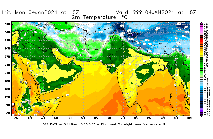 Mappa di analisi GFS - Temperatura a 2 metri dal suolo [°C] in Asia Sud-Occidentale
							del 04/01/2021 18 <!--googleoff: index-->UTC<!--googleon: index-->