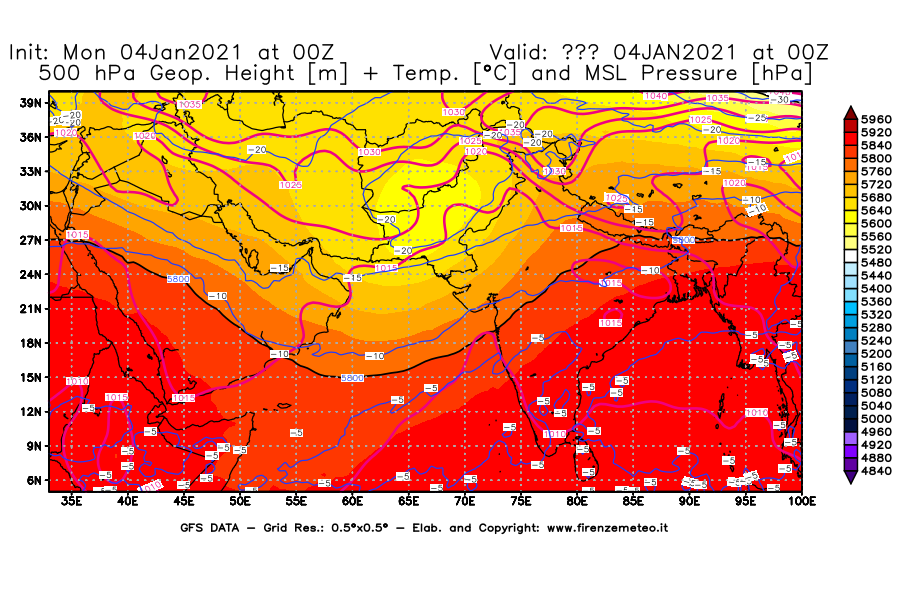 Mappa di analisi GFS - Geopotenziale [m] + Temp. [°C] a 500 hPa + Press. a livello del mare [hPa] in Asia Sud-Occidentale
									del 04/01/2021 00 <!--googleoff: index-->UTC<!--googleon: index-->