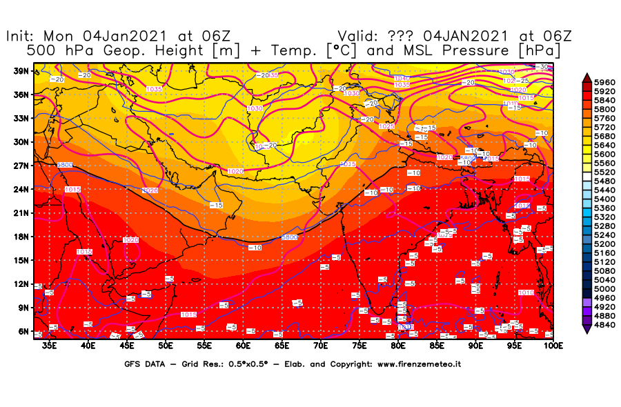 Mappa di analisi GFS - Geopotenziale [m] + Temp. [°C] a 500 hPa + Press. a livello del mare [hPa] in Asia Sud-Occidentale
							del 04/01/2021 06 <!--googleoff: index-->UTC<!--googleon: index-->