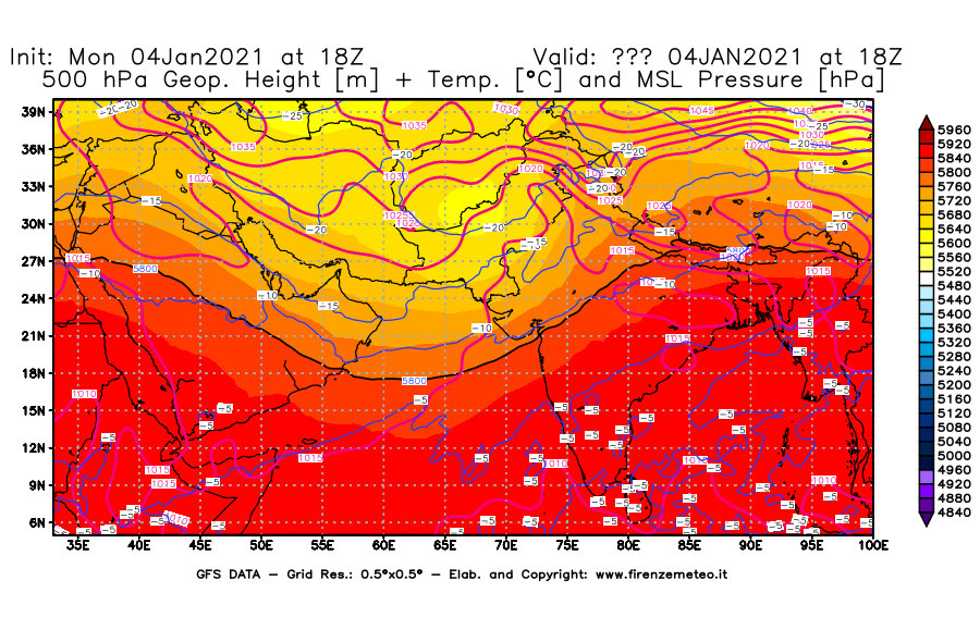 Mappa di analisi GFS - Geopotenziale [m] + Temp. [°C] a 500 hPa + Press. a livello del mare [hPa] in Asia Sud-Occidentale
							del 04/01/2021 18 <!--googleoff: index-->UTC<!--googleon: index-->