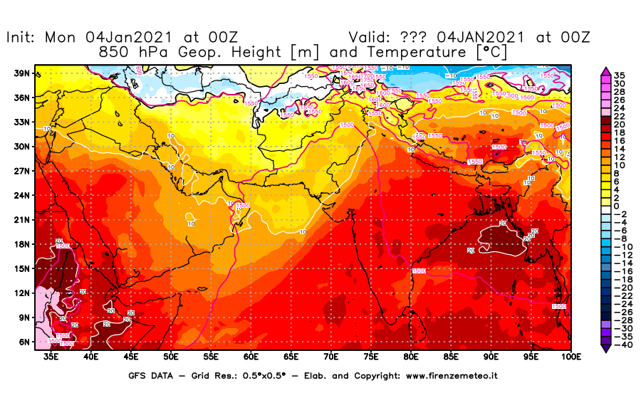 Mappa di analisi GFS - Geopotenziale [m] e Temperatura [°C] a 850 hPa in Asia Sud-Occidentale
							del 04/01/2021 00 <!--googleoff: index-->UTC<!--googleon: index-->