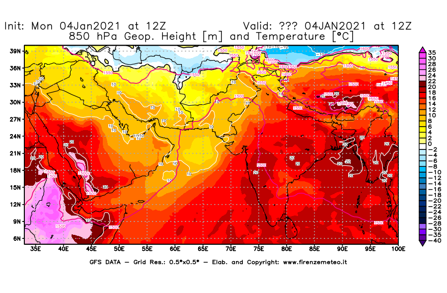 Mappa di analisi GFS - Geopotenziale [m] e Temperatura [°C] a 850 hPa in Asia Sud-Occidentale
									del 04/01/2021 12 <!--googleoff: index-->UTC<!--googleon: index-->
