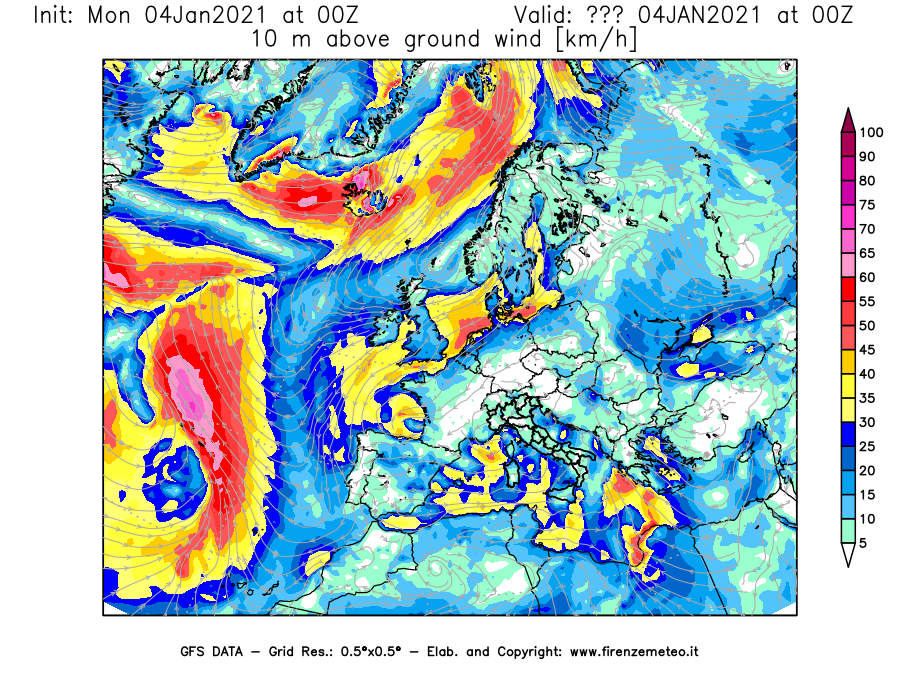 Mappa di analisi GFS - Velocità del vento a 10 metri dal suolo [km/h] in Europa
									del 04/01/2021 00 <!--googleoff: index-->UTC<!--googleon: index-->