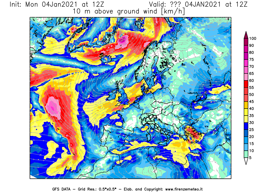 Mappa di analisi GFS - Velocità del vento a 10 metri dal suolo [km/h] in Europa
							del 04/01/2021 12 <!--googleoff: index-->UTC<!--googleon: index-->