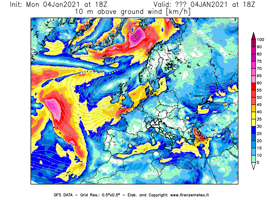 Mappa di analisi GFS - Velocità del vento a 10 metri dal suolo [km/h] in Europa
									del 04/01/2021 18 <!--googleoff: index-->UTC<!--googleon: index-->