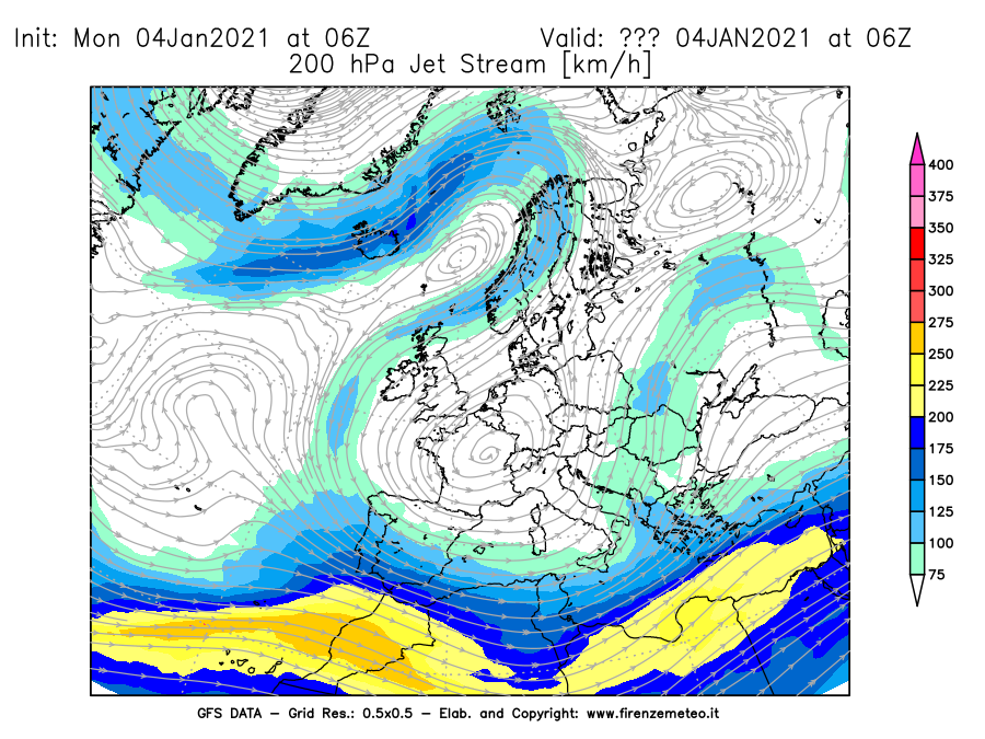 Mappa di analisi GFS - Jet Stream a 200 hPa in Europa
									del 04/01/2021 06 <!--googleoff: index-->UTC<!--googleon: index-->
