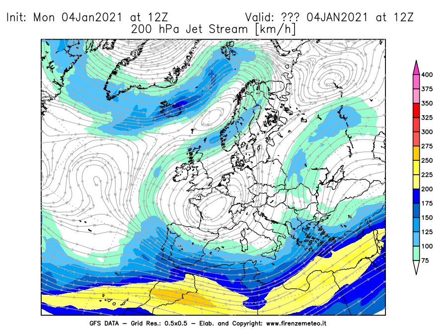 Mappa di analisi GFS - Jet Stream a 200 hPa in Europa
									del 04/01/2021 12 <!--googleoff: index-->UTC<!--googleon: index-->