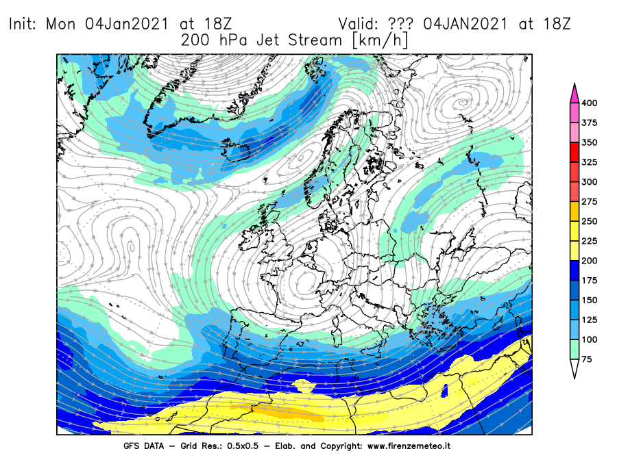 Mappa di analisi GFS - Jet Stream a 200 hPa in Europa
									del 04/01/2021 18 <!--googleoff: index-->UTC<!--googleon: index-->
