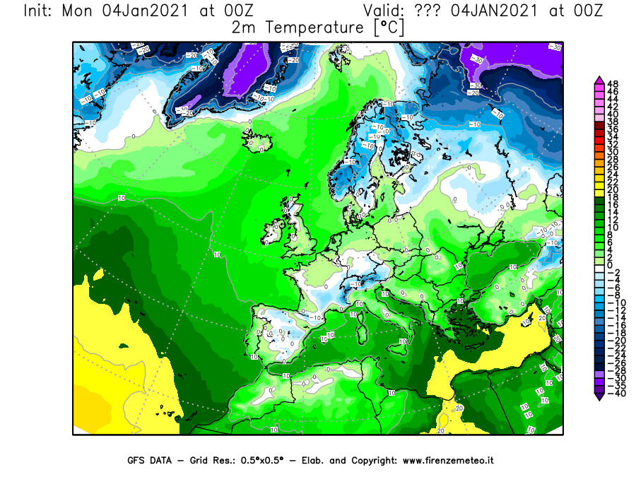 Mappa di analisi GFS - Temperatura a 2 metri dal suolo [°C] in Europa
									del 04/01/2021 00 <!--googleoff: index-->UTC<!--googleon: index-->