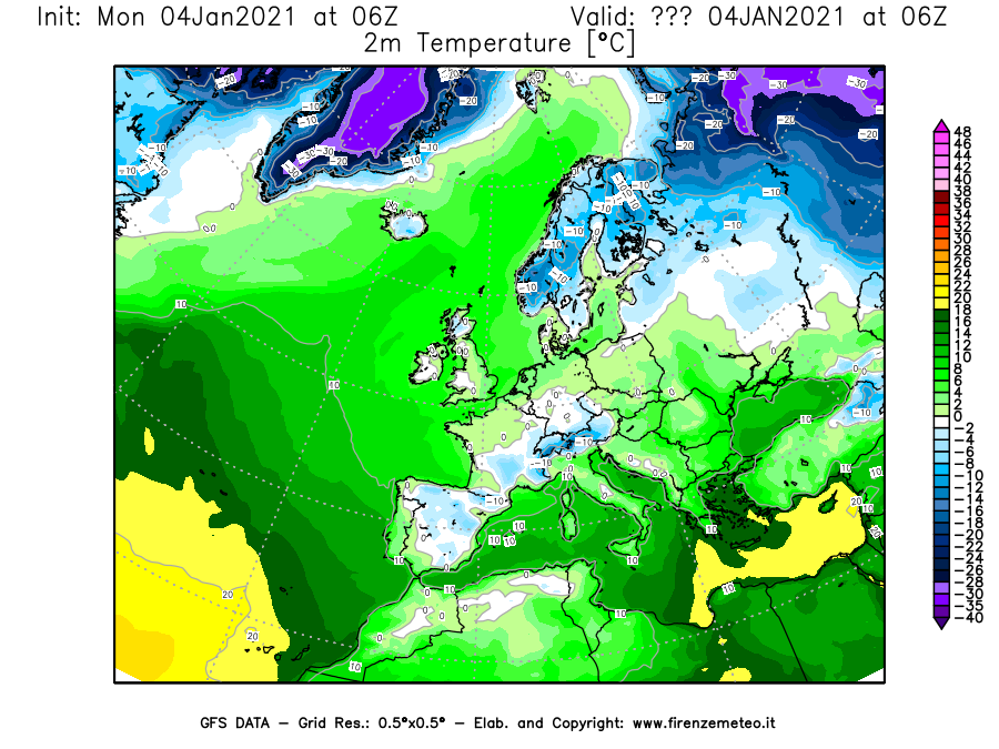 Mappa di analisi GFS - Temperatura a 2 metri dal suolo [°C] in Europa
							del 04/01/2021 06 <!--googleoff: index-->UTC<!--googleon: index-->