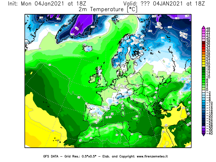 Mappa di analisi GFS - Temperatura a 2 metri dal suolo [°C] in Europa
									del 04/01/2021 18 <!--googleoff: index-->UTC<!--googleon: index-->