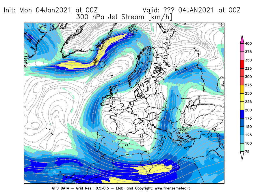 Mappa di analisi GFS - Jet Stream a 300 hPa in Europa
									del 04/01/2021 00 <!--googleoff: index-->UTC<!--googleon: index-->