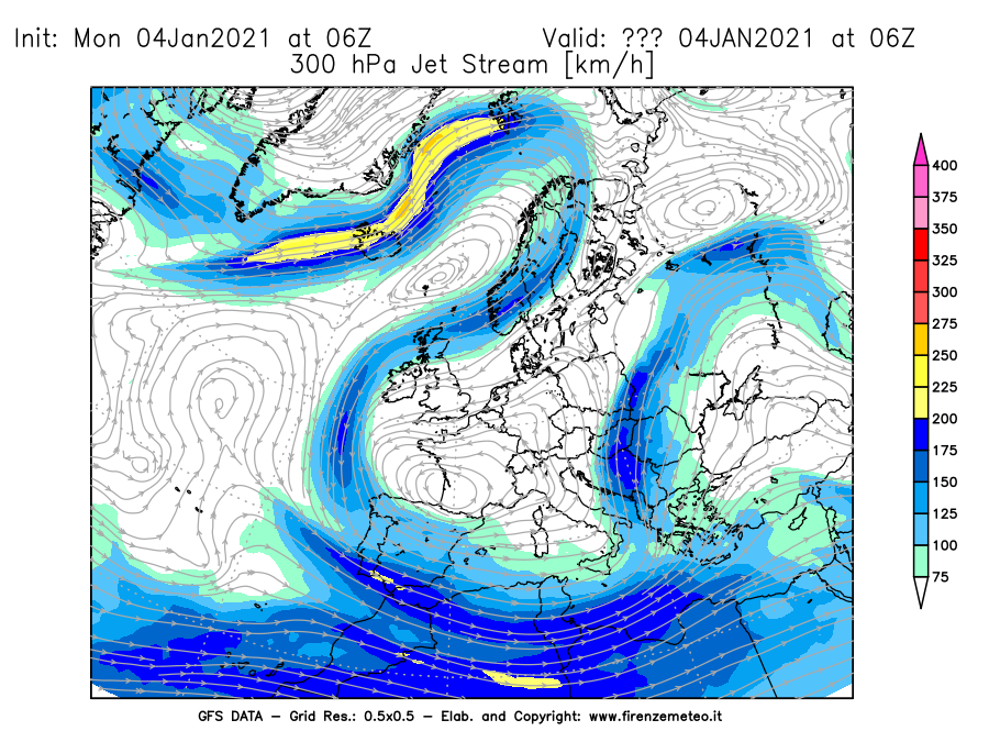 Mappa di analisi GFS - Jet Stream a 300 hPa in Europa
							del 04/01/2021 06 <!--googleoff: index-->UTC<!--googleon: index-->