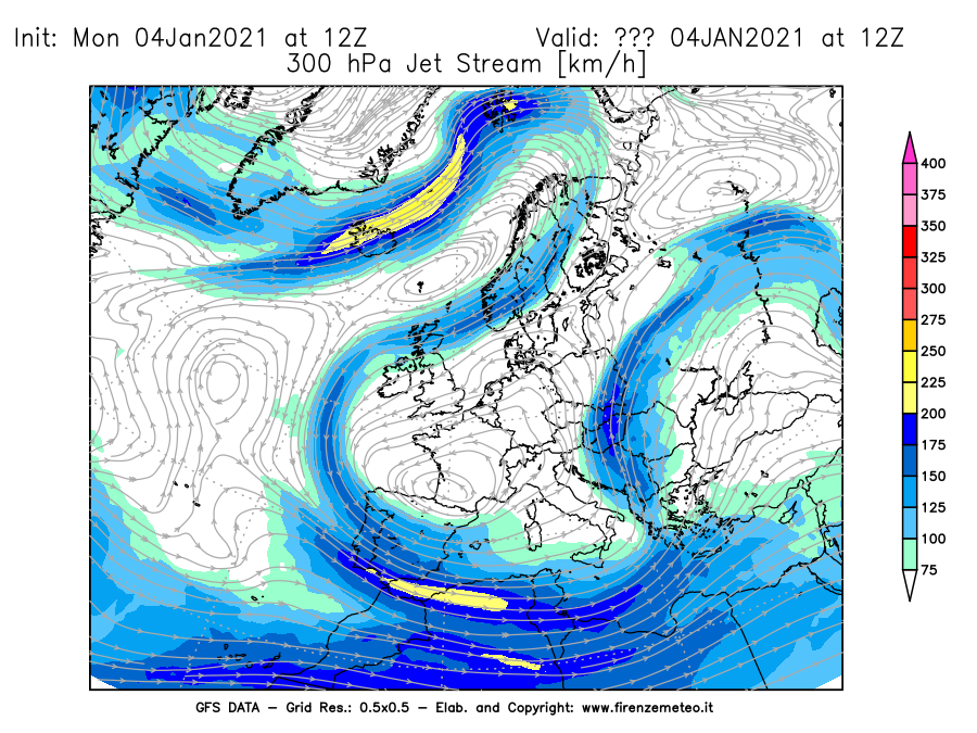 Mappa di analisi GFS - Jet Stream a 300 hPa in Europa
							del 04/01/2021 12 <!--googleoff: index-->UTC<!--googleon: index-->