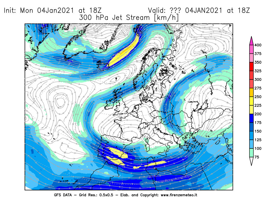 Mappa di analisi GFS - Jet Stream a 300 hPa in Europa
							del 04/01/2021 18 <!--googleoff: index-->UTC<!--googleon: index-->