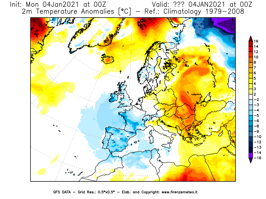 Mappa di analisi GFS - Anomalia Temperatura [°C] a 2 m in Europa
							del 04/01/2021 00 <!--googleoff: index-->UTC<!--googleon: index-->