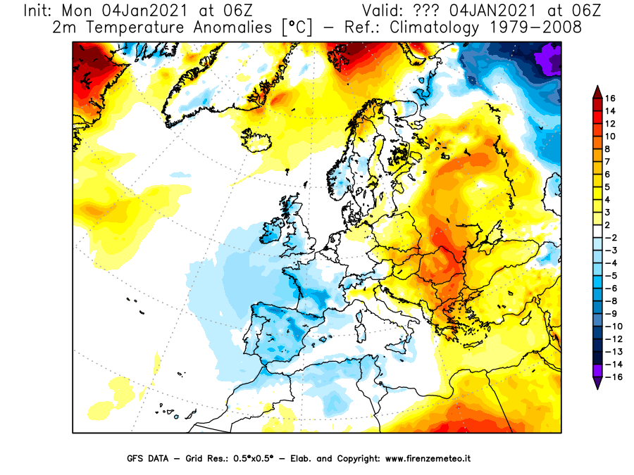 Mappa di analisi GFS - Anomalia Temperatura [°C] a 2 m in Europa
									del 04/01/2021 06 <!--googleoff: index-->UTC<!--googleon: index-->