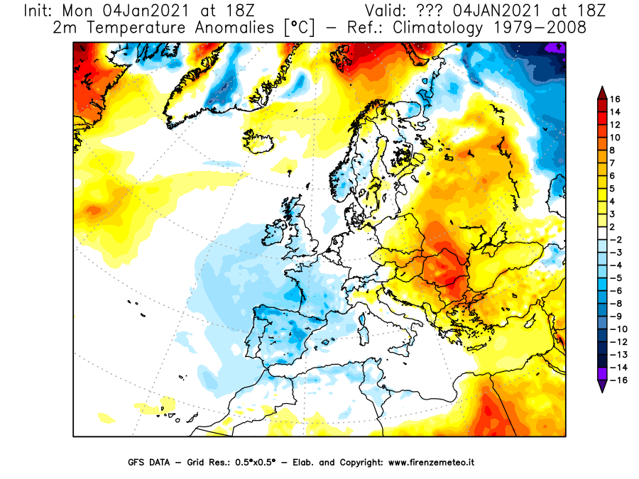 Mappa di analisi GFS - Anomalia Temperatura [°C] a 2 m in Europa
							del 04/01/2021 18 <!--googleoff: index-->UTC<!--googleon: index-->