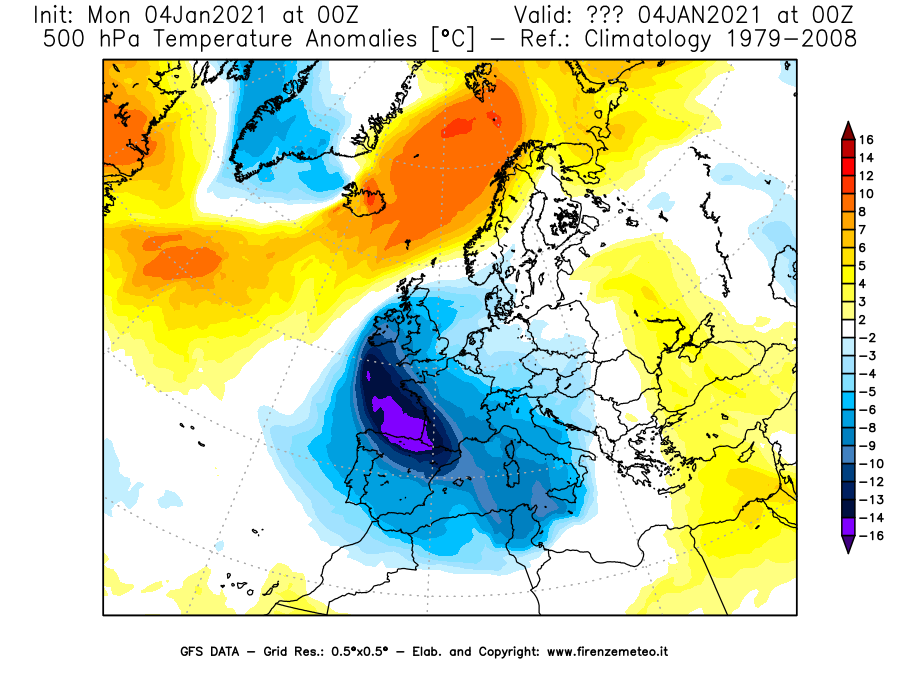 Mappa di analisi GFS - Anomalia Temperatura [°C] a 500 hPa in Europa
							del 04/01/2021 00 <!--googleoff: index-->UTC<!--googleon: index-->