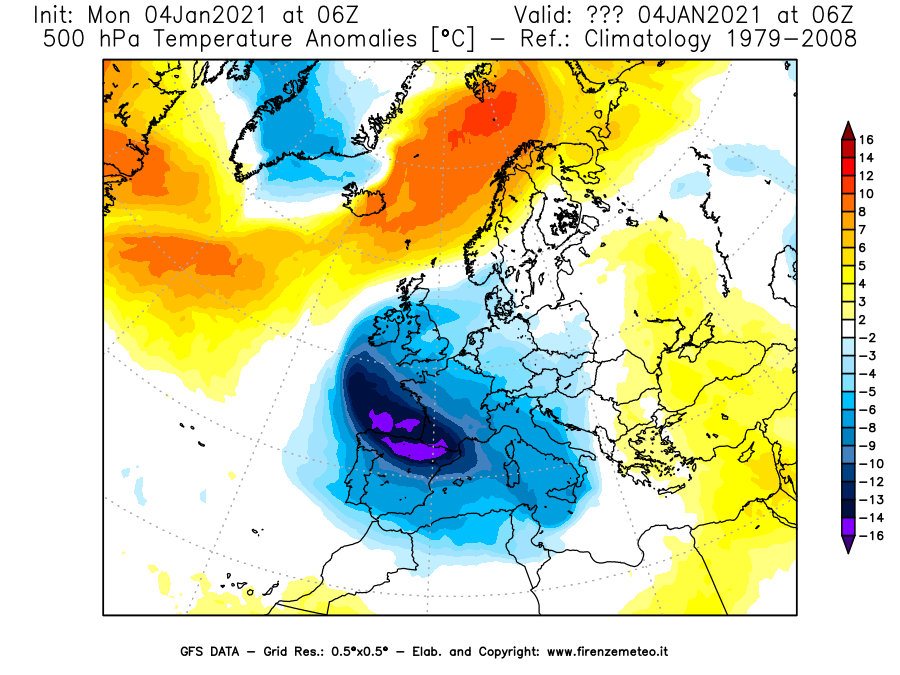 Mappa di analisi GFS - Anomalia Temperatura [°C] a 500 hPa in Europa
							del 04/01/2021 06 <!--googleoff: index-->UTC<!--googleon: index-->