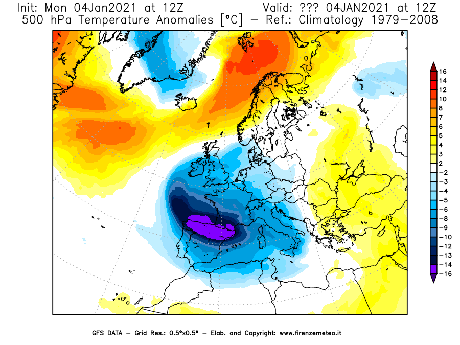 Mappa di analisi GFS - Anomalia Temperatura [°C] a 500 hPa in Europa
									del 04/01/2021 12 <!--googleoff: index-->UTC<!--googleon: index-->