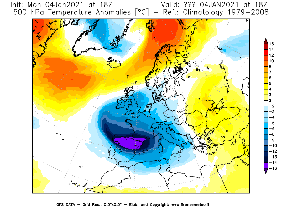 Mappa di analisi GFS - Anomalia Temperatura [°C] a 500 hPa in Europa
									del 04/01/2021 18 <!--googleoff: index-->UTC<!--googleon: index-->