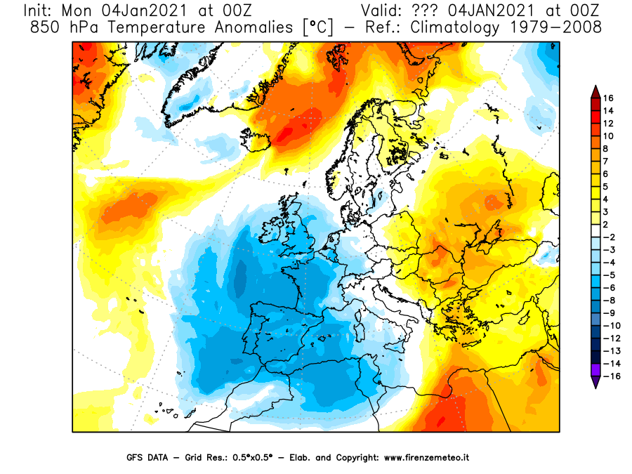 Mappa di analisi GFS - Anomalia Temperatura [°C] a 850 hPa in Europa
									del 04/01/2021 00 <!--googleoff: index-->UTC<!--googleon: index-->