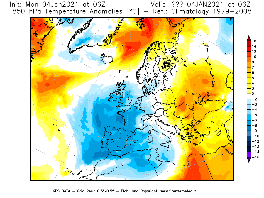 Mappa di analisi GFS - Anomalia Temperatura [°C] a 850 hPa in Europa
							del 04/01/2021 06 <!--googleoff: index-->UTC<!--googleon: index-->
