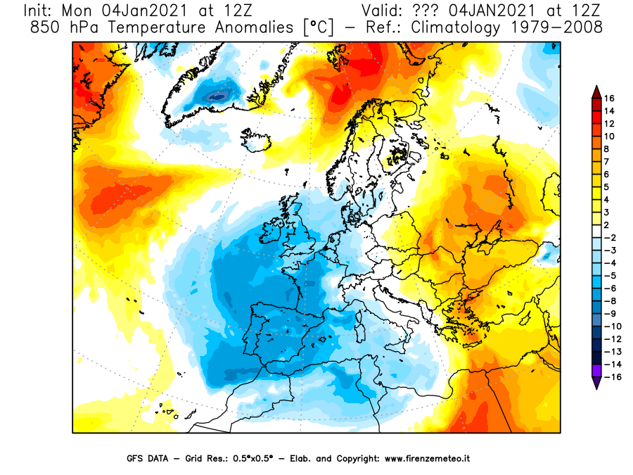 Mappa di analisi GFS - Anomalia Temperatura [°C] a 850 hPa in Europa
							del 04/01/2021 12 <!--googleoff: index-->UTC<!--googleon: index-->