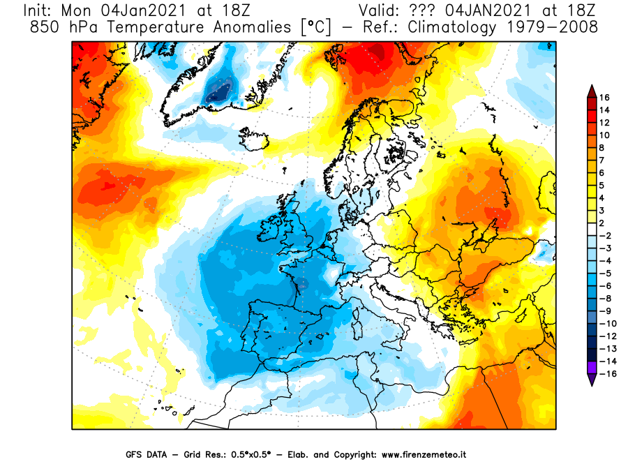 Mappa di analisi GFS - Anomalia Temperatura [°C] a 850 hPa in Europa
							del 04/01/2021 18 <!--googleoff: index-->UTC<!--googleon: index-->