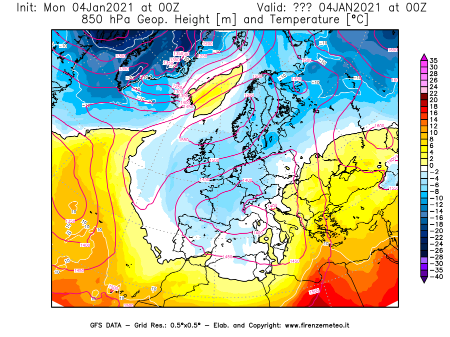 Mappa di analisi GFS - Geopotenziale [m] e Temperatura [°C] a 850 hPa in Europa
									del 04/01/2021 00 <!--googleoff: index-->UTC<!--googleon: index-->