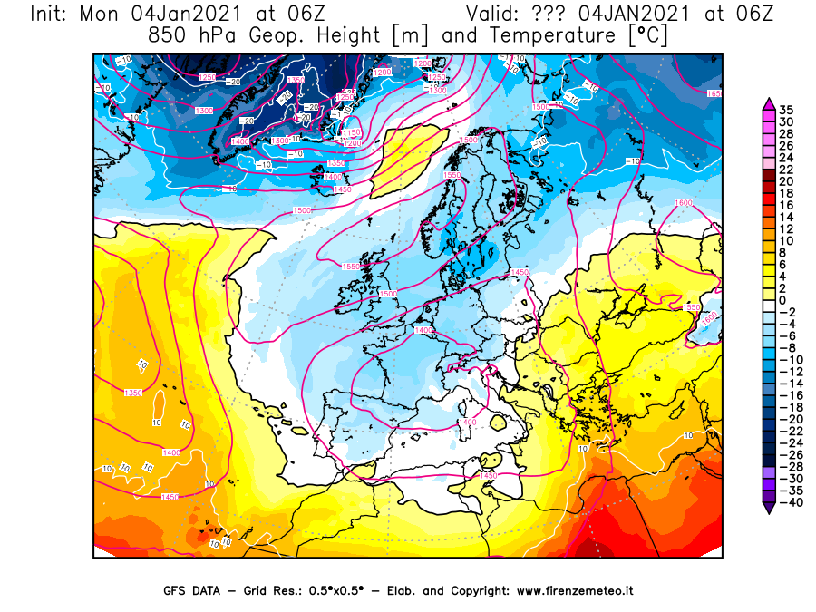 Mappa di analisi GFS - Geopotenziale [m] e Temperatura [°C] a 850 hPa in Europa
							del 04/01/2021 06 <!--googleoff: index-->UTC<!--googleon: index-->