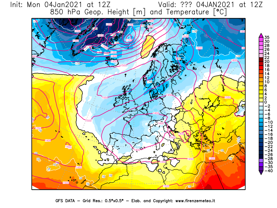 Mappa di analisi GFS - Geopotenziale [m] e Temperatura [°C] a 850 hPa in Europa
							del 04/01/2021 12 <!--googleoff: index-->UTC<!--googleon: index-->