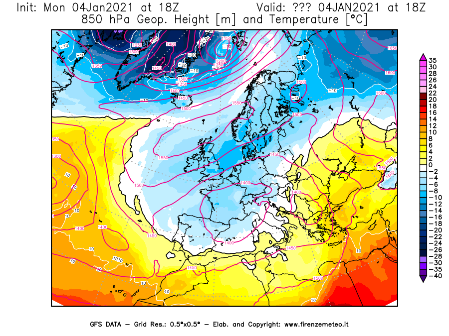 Mappa di analisi GFS - Geopotenziale [m] e Temperatura [°C] a 850 hPa in Europa
							del 04/01/2021 18 <!--googleoff: index-->UTC<!--googleon: index-->