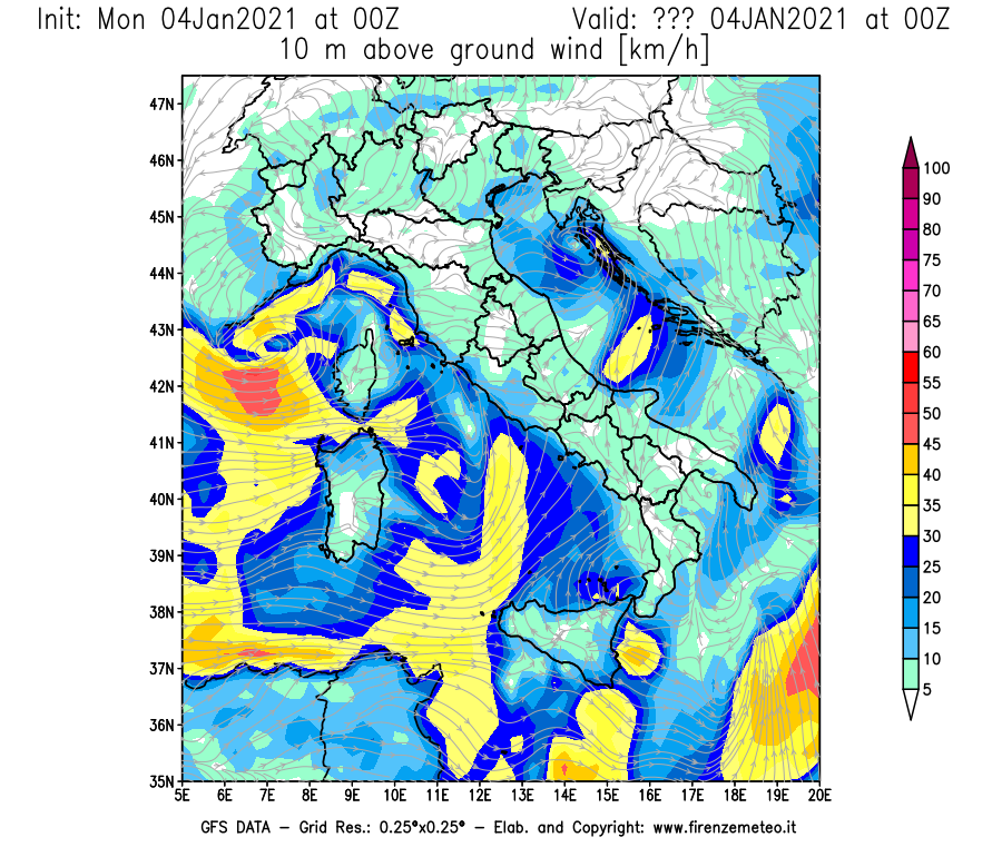 Mappa di analisi GFS - Velocità del vento a 10 metri dal suolo [km/h] in Italia
									del 04/01/2021 00 <!--googleoff: index-->UTC<!--googleon: index-->