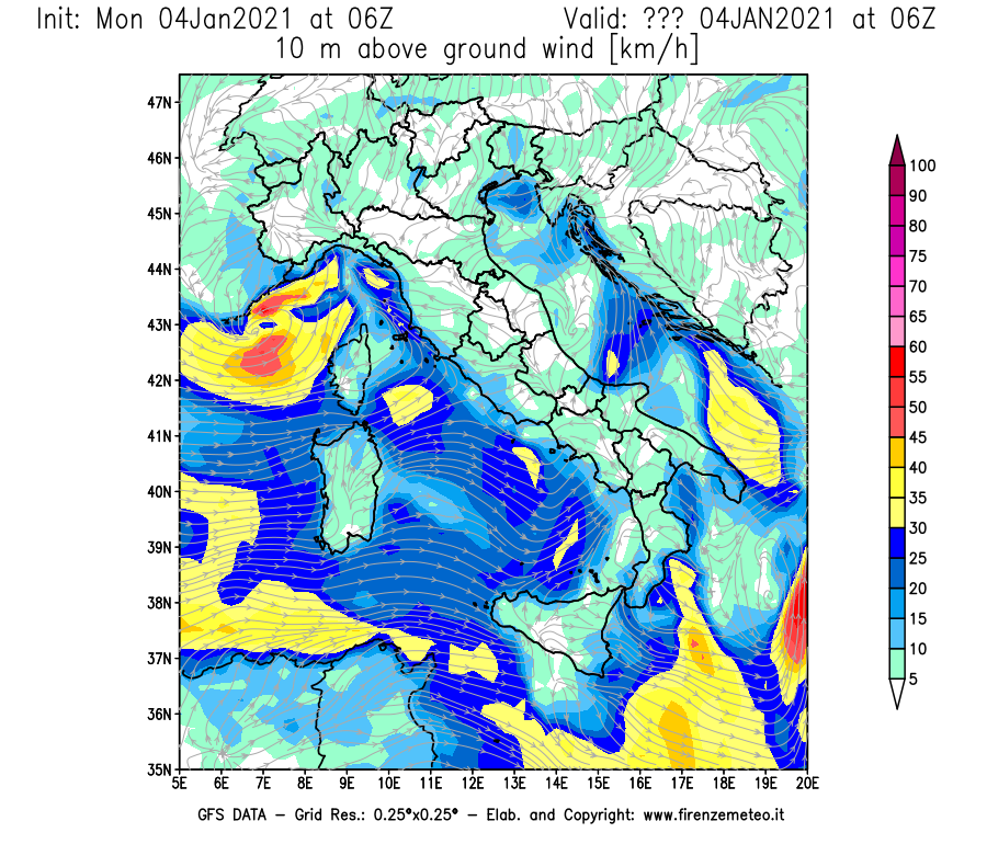 Mappa di analisi GFS - Velocità del vento a 10 metri dal suolo [km/h] in Italia
							del 04/01/2021 06 <!--googleoff: index-->UTC<!--googleon: index-->
