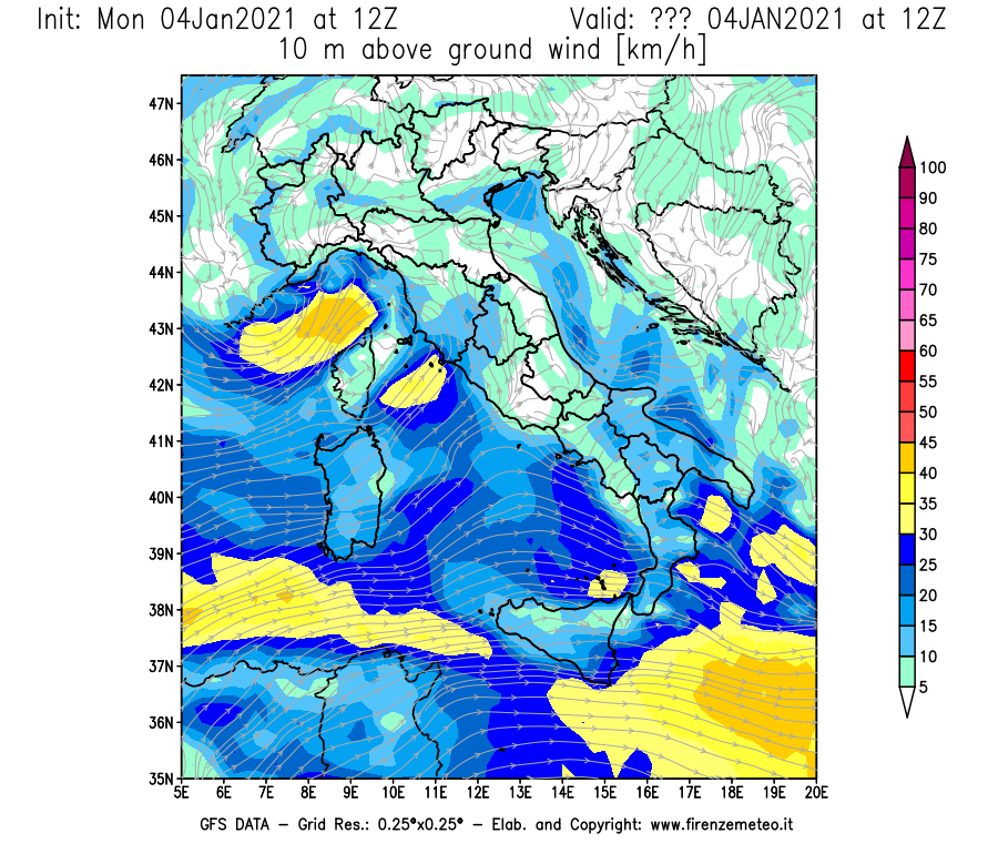 Mappa di analisi GFS - Velocità del vento a 10 metri dal suolo [km/h] in Italia
									del 04/01/2021 12 <!--googleoff: index-->UTC<!--googleon: index-->
