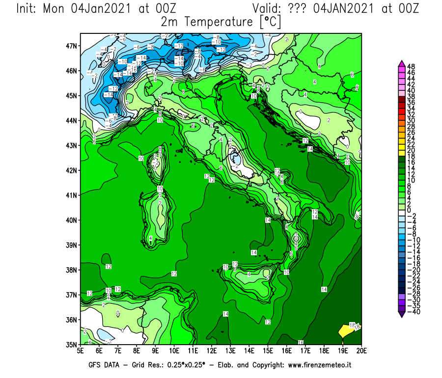Mappa di analisi GFS - Temperatura a 2 metri dal suolo [°C] in Italia
									del 04/01/2021 00 <!--googleoff: index-->UTC<!--googleon: index-->