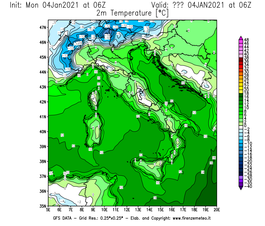 Mappa di analisi GFS - Temperatura a 2 metri dal suolo [°C] in Italia
									del 04/01/2021 06 <!--googleoff: index-->UTC<!--googleon: index-->