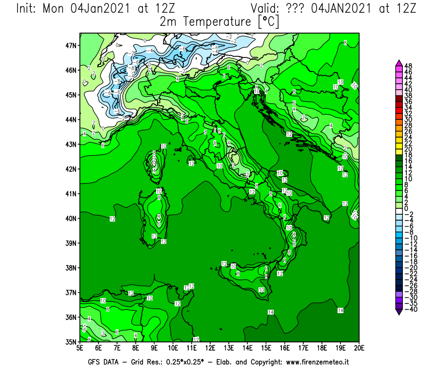 Mappa di analisi GFS - Temperatura a 2 metri dal suolo [°C] in Italia
							del 04/01/2021 12 <!--googleoff: index-->UTC<!--googleon: index-->