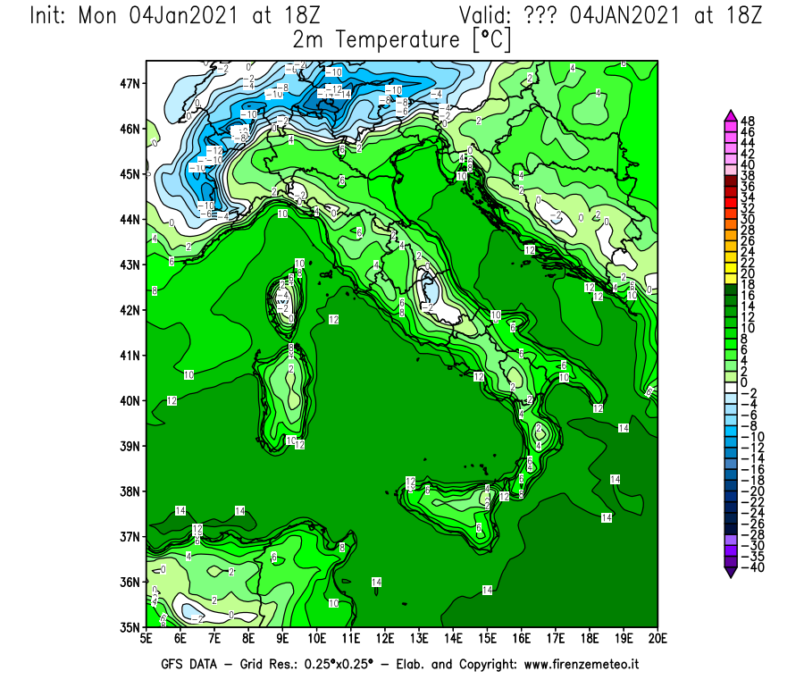 Mappa di analisi GFS - Temperatura a 2 metri dal suolo [°C] in Italia
							del 04/01/2021 18 <!--googleoff: index-->UTC<!--googleon: index-->