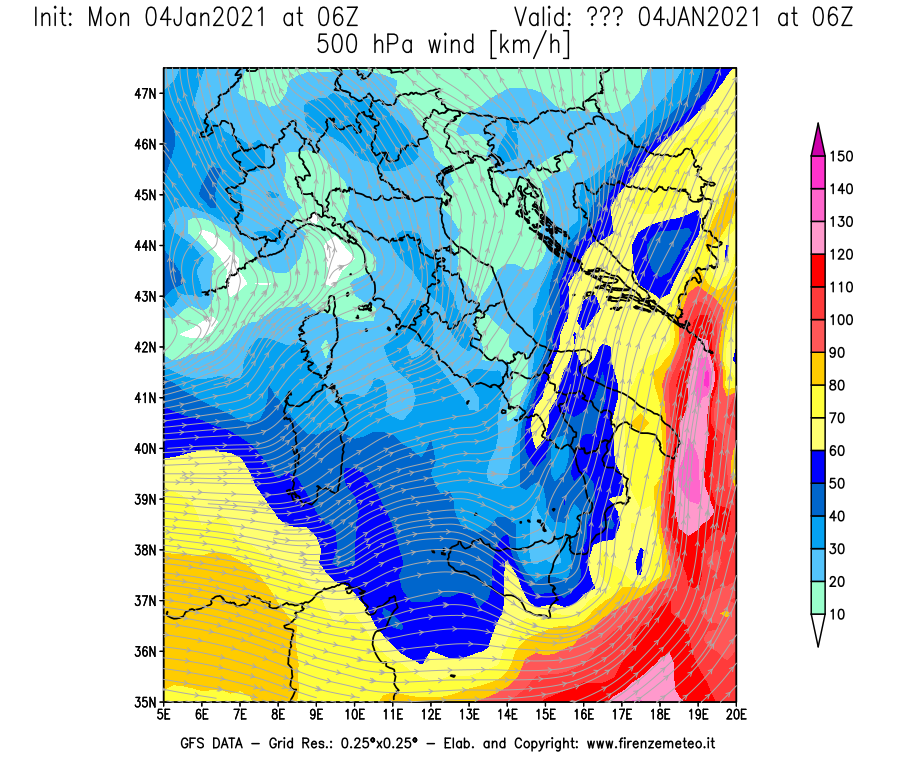 Mappa di analisi GFS - Velocità del vento a 500 hPa [km/h] in Italia
							del 04/01/2021 06 <!--googleoff: index-->UTC<!--googleon: index-->