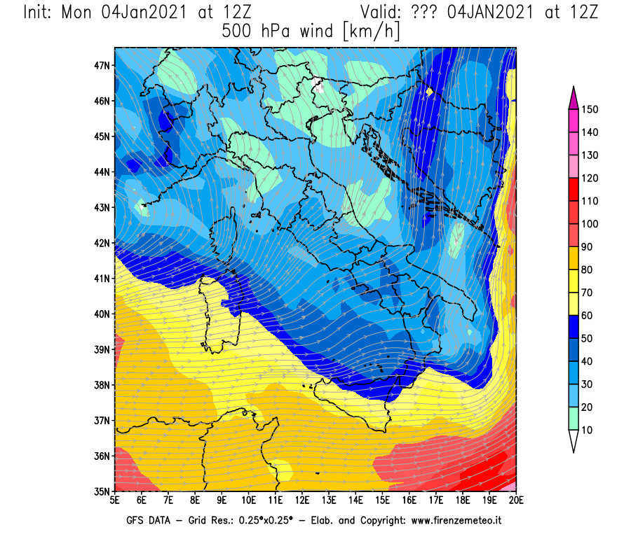 Mappa di analisi GFS - Velocità del vento a 500 hPa [km/h] in Italia
									del 04/01/2021 12 <!--googleoff: index-->UTC<!--googleon: index-->
