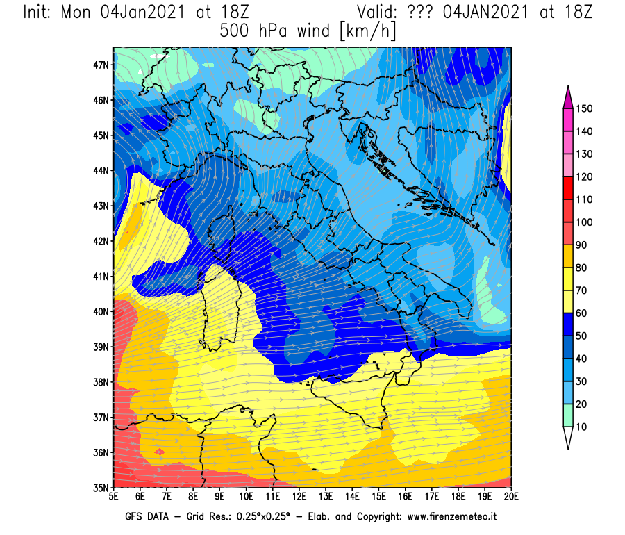 Mappa di analisi GFS - Velocità del vento a 500 hPa [km/h] in Italia
							del 04/01/2021 18 <!--googleoff: index-->UTC<!--googleon: index-->