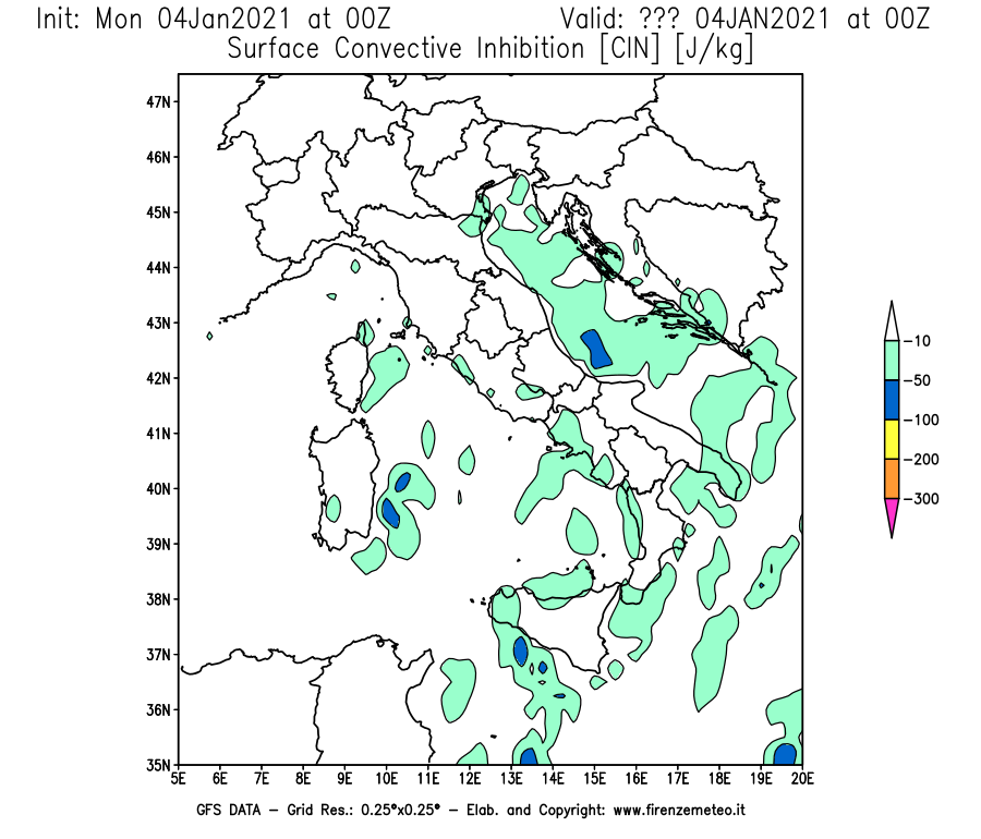 Mappa di analisi GFS - CIN [J/kg] in Italia
							del 04/01/2021 00 <!--googleoff: index-->UTC<!--googleon: index-->