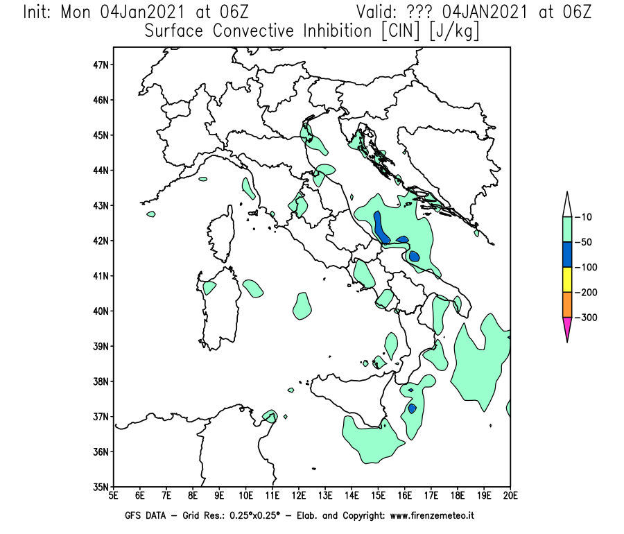 Mappa di analisi GFS - CIN [J/kg] in Italia
									del 04/01/2021 06 <!--googleoff: index-->UTC<!--googleon: index-->