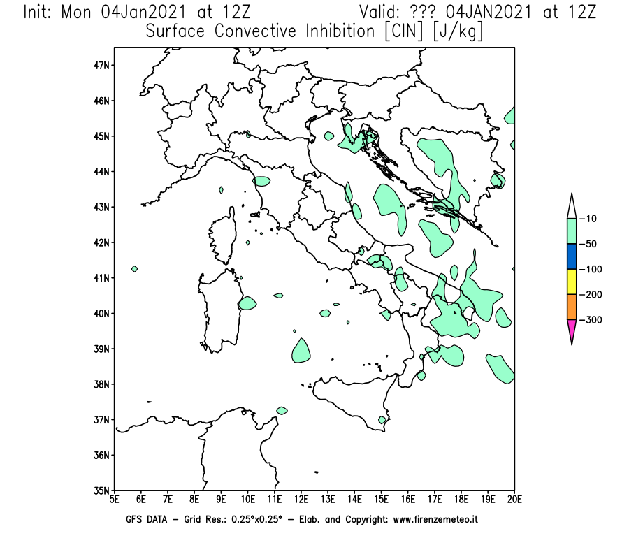 Mappa di analisi GFS - CIN [J/kg] in Italia
									del 04/01/2021 12 <!--googleoff: index-->UTC<!--googleon: index-->