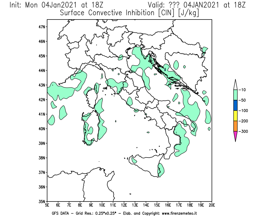 Mappa di analisi GFS - CIN [J/kg] in Italia
									del 04/01/2021 18 <!--googleoff: index-->UTC<!--googleon: index-->