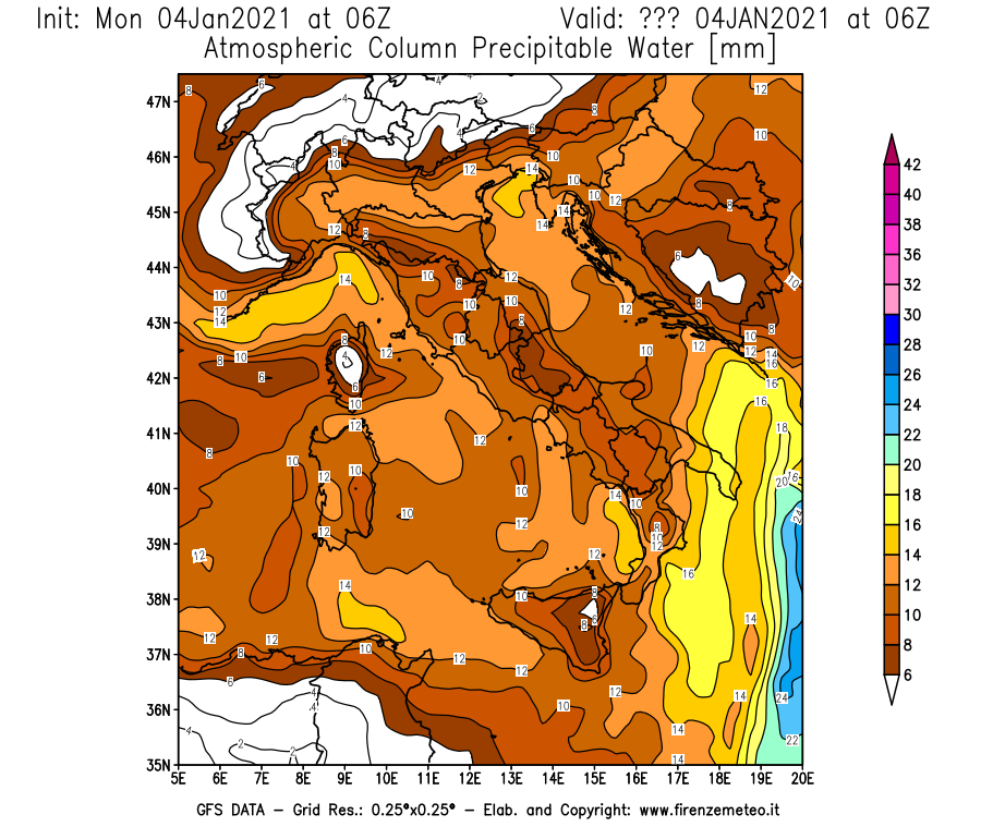 Mappa di analisi GFS - Precipitable Water [mm] in Italia
									del 04/01/2021 06 <!--googleoff: index-->UTC<!--googleon: index-->