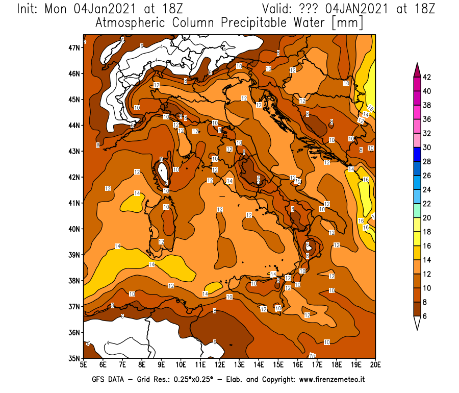 Mappa di analisi GFS - Precipitable Water [mm] in Italia
							del 04/01/2021 18 <!--googleoff: index-->UTC<!--googleon: index-->